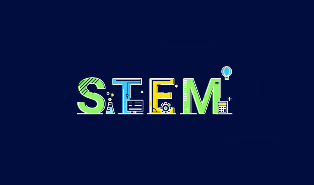 Letters that spell STEM, with small icons that correspond to science, technology, engineering and math.