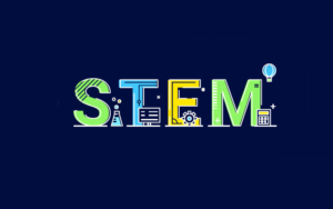 Letters that spell STEM, with small icons that correspond to science, technology, engineering and math.