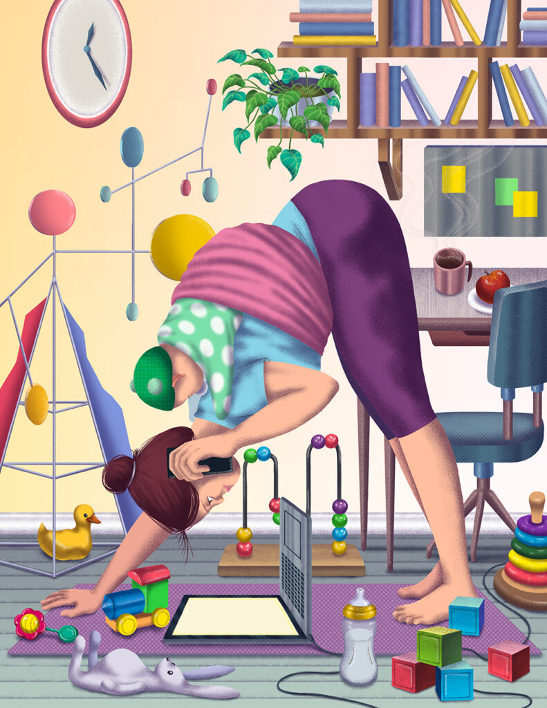 An illustration of a mom trying to balance a baby, while doing yoga and trying to look at her laptop.