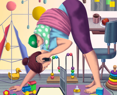 An illustration of a mom trying to balance a baby, while doing yoga and trying to look at her laptop.