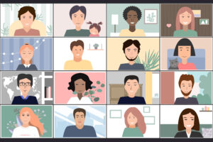 An illustration of an online class, featuring individuals in a grid on a computer screen. 
