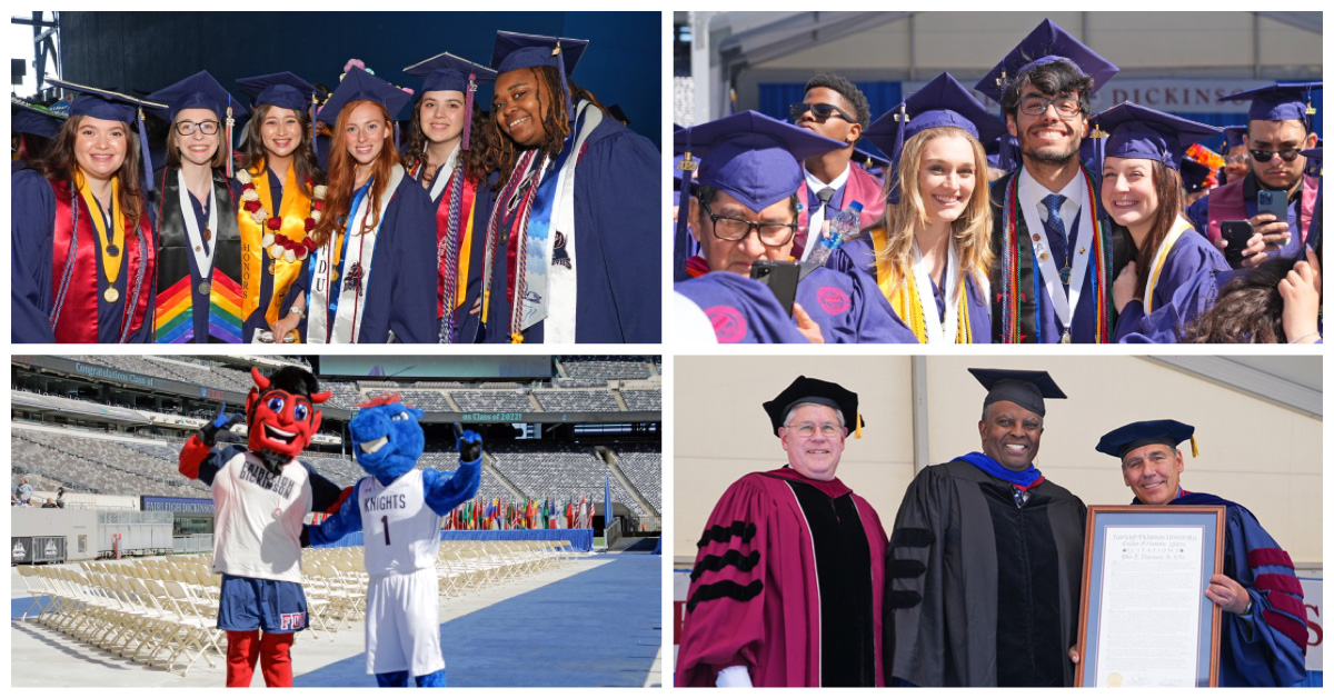 Four photos in a collage show happy graduates, the University mascots and the honorary degree recipient.