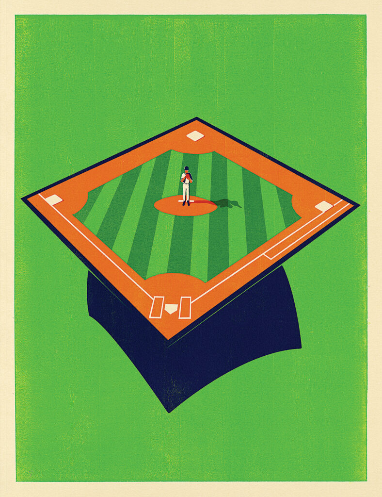 An illustration of a baseball player inside the field diamond, which is on top of a graduation cap.