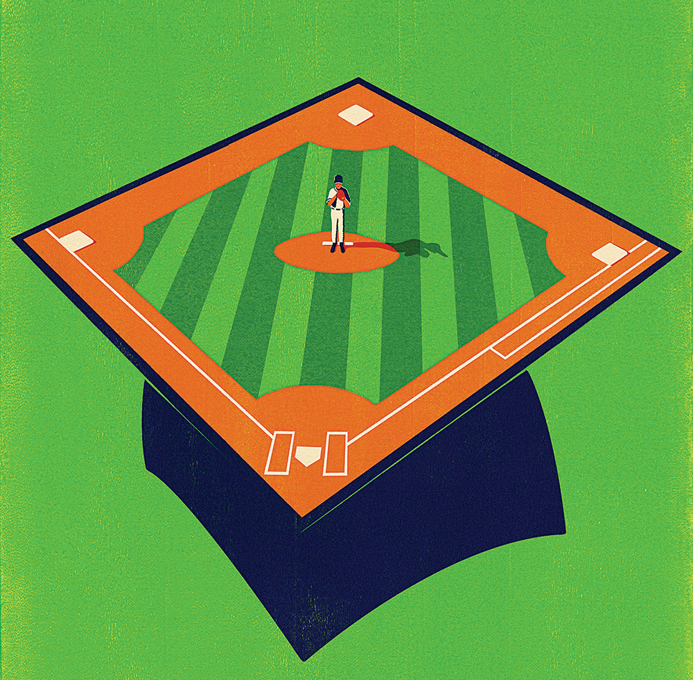 An illustration of a baseball player inside the field diamond, which is on top of a graduation cap.