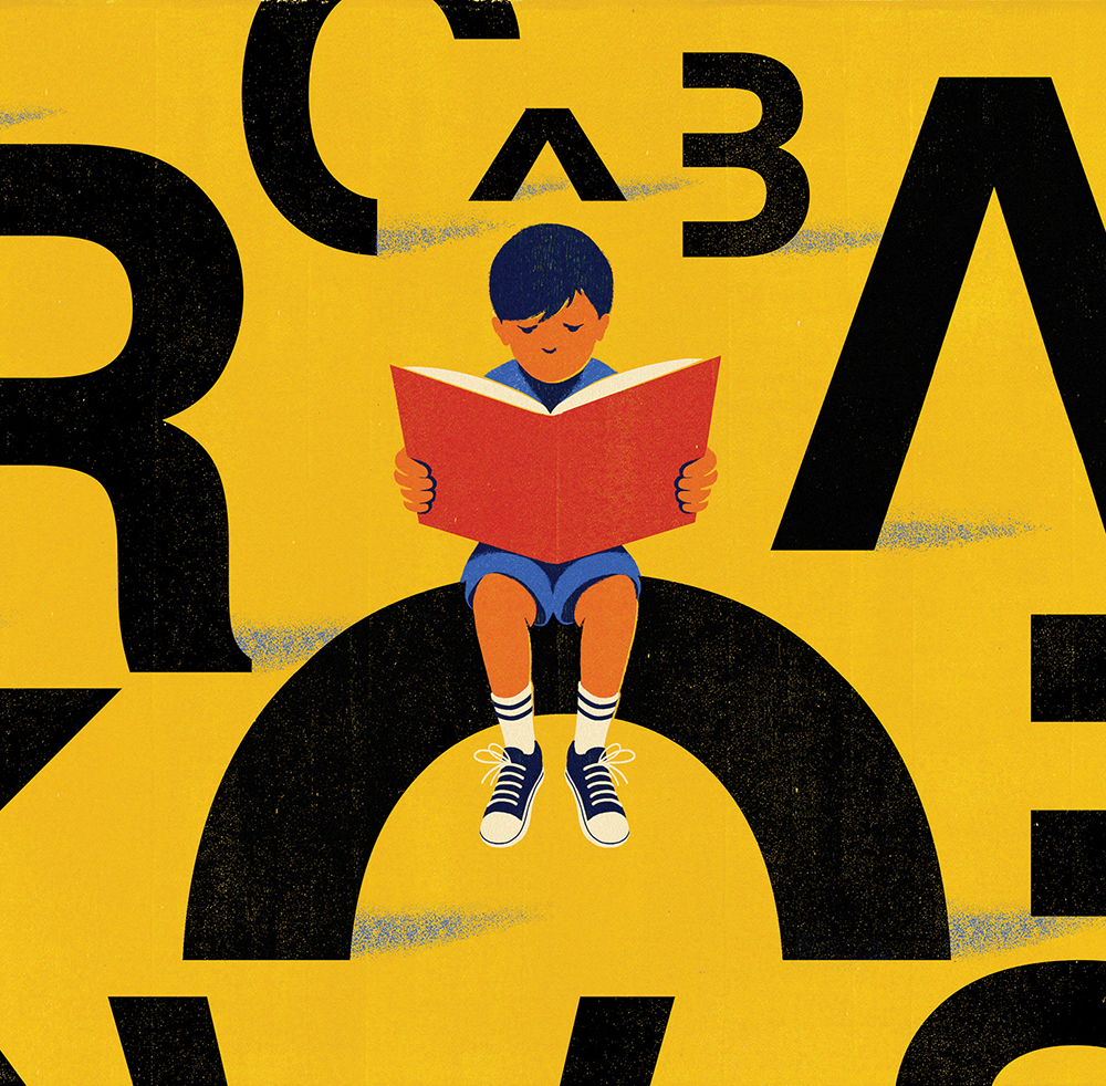 An illustration of a student reading on top of a jumble of letters.