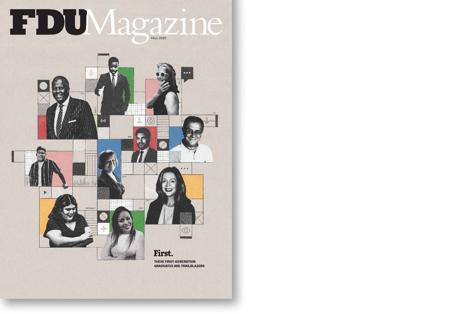 The cover of a magazine shows a collage of portraits of first-generation alumni.
