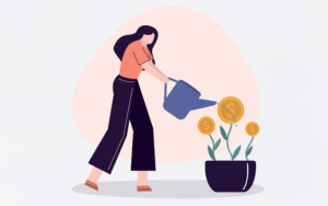 An illustration of a business woman watering money tree.
