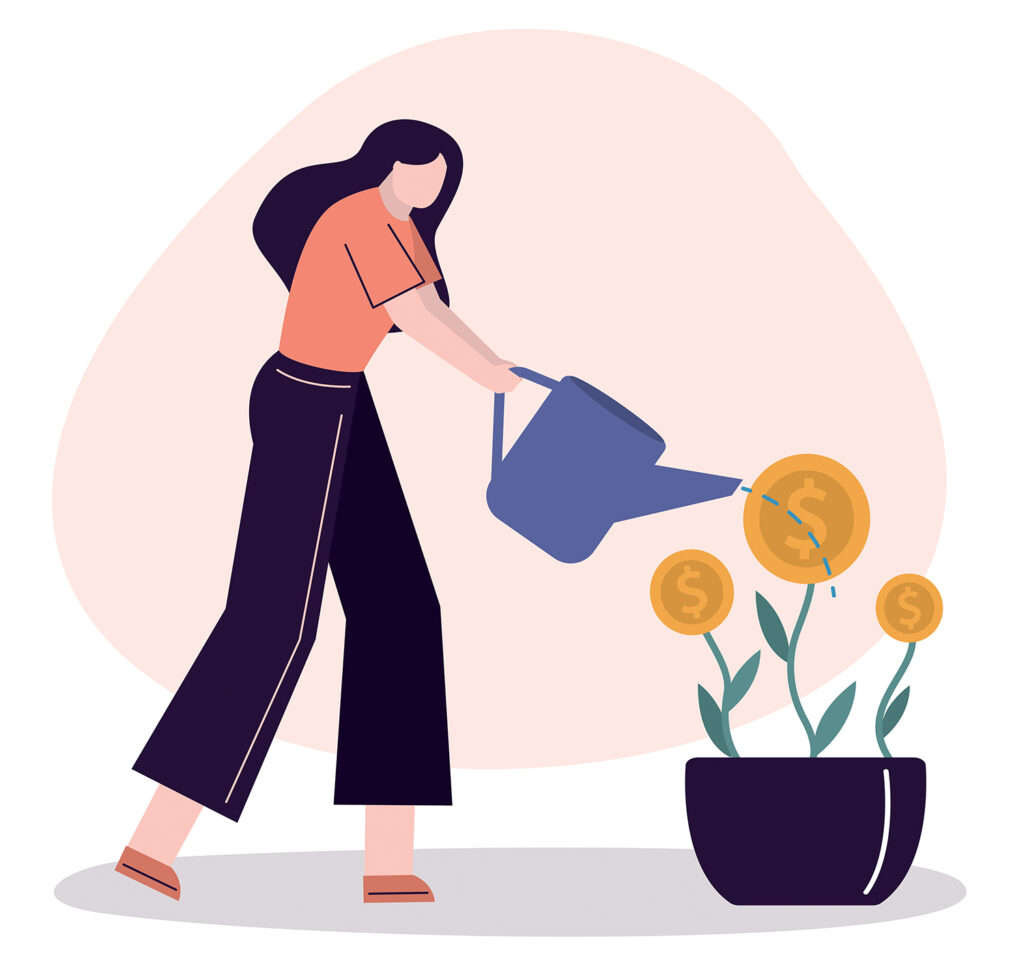 Business woman watering money tree. Female employee investing and saving cash. Money deposit. Girl save or hoard currency. Concept of investment, finance management and banking. Vector illustration