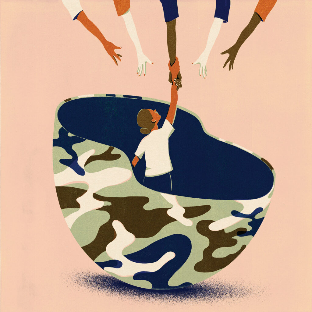 An illustration shows a person inside of a military helmet. Many hands are reaching down to help the person out.