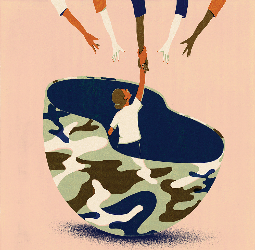 An illustration shows a person inside of a military helmet. Many hands are reaching down to help the person out.