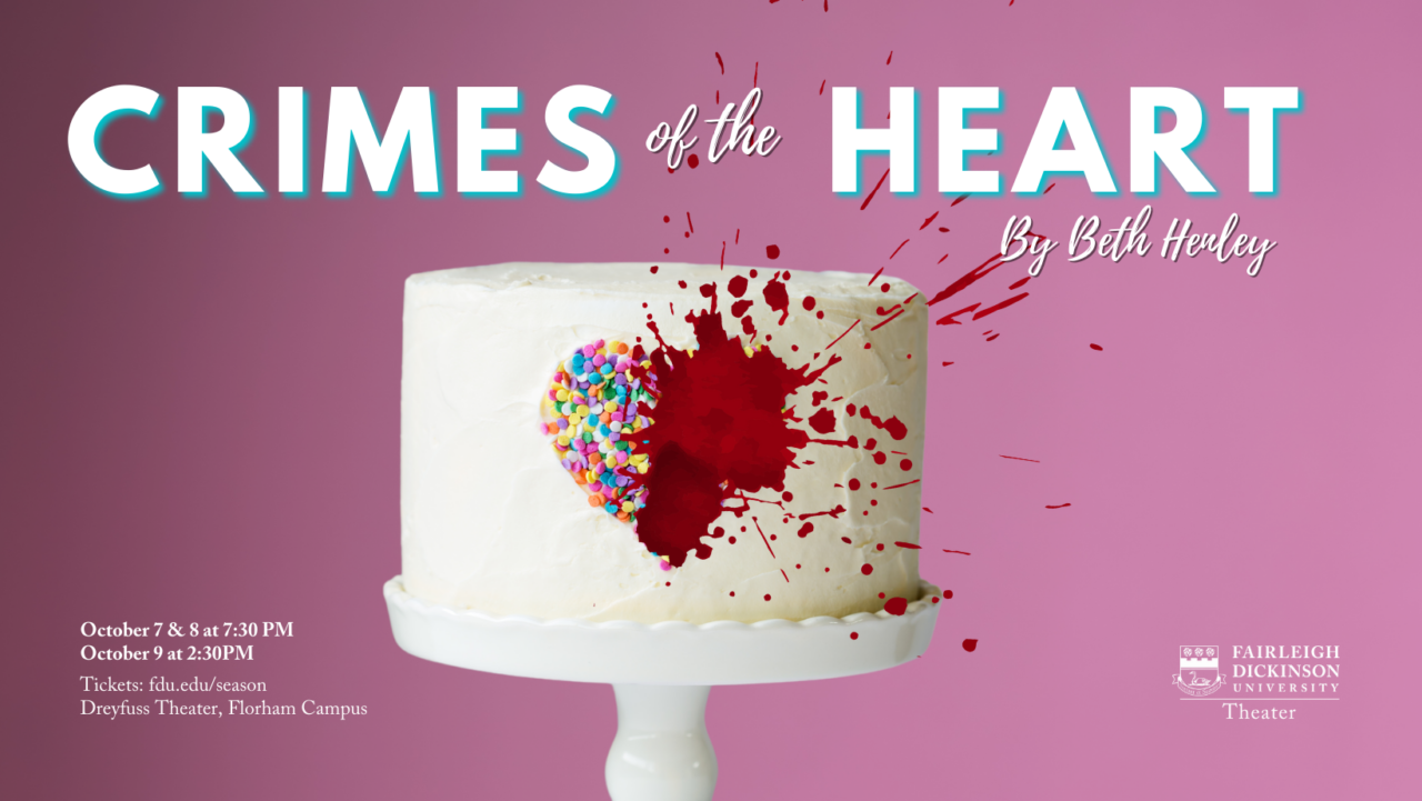 crimes of the heart show poster. depicts a cake with sprinkles and blood spatter.