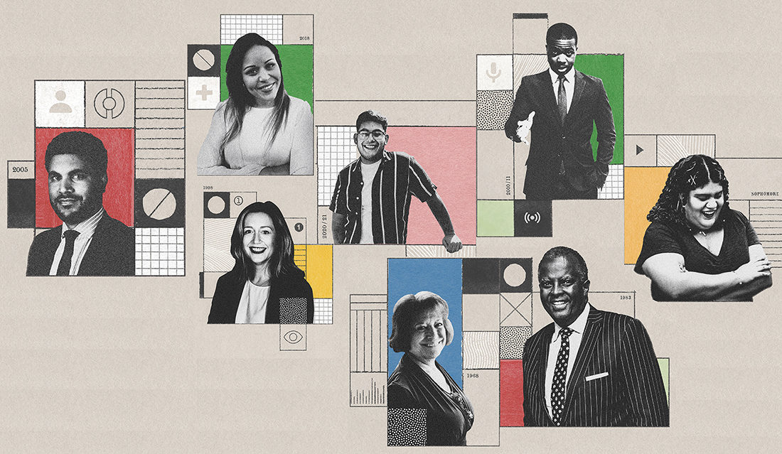 A collage of portraits of first-generation alumni.