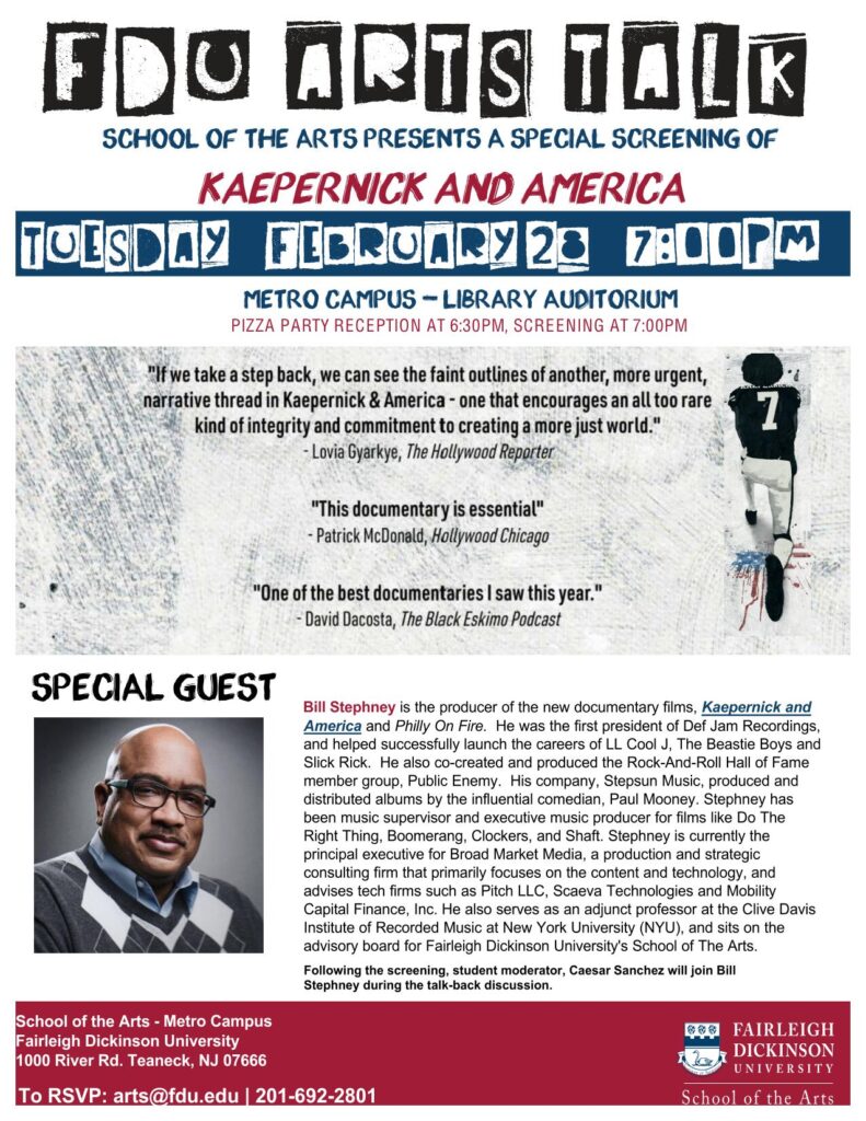 graphic for fdu arts talk: kaepernick and america