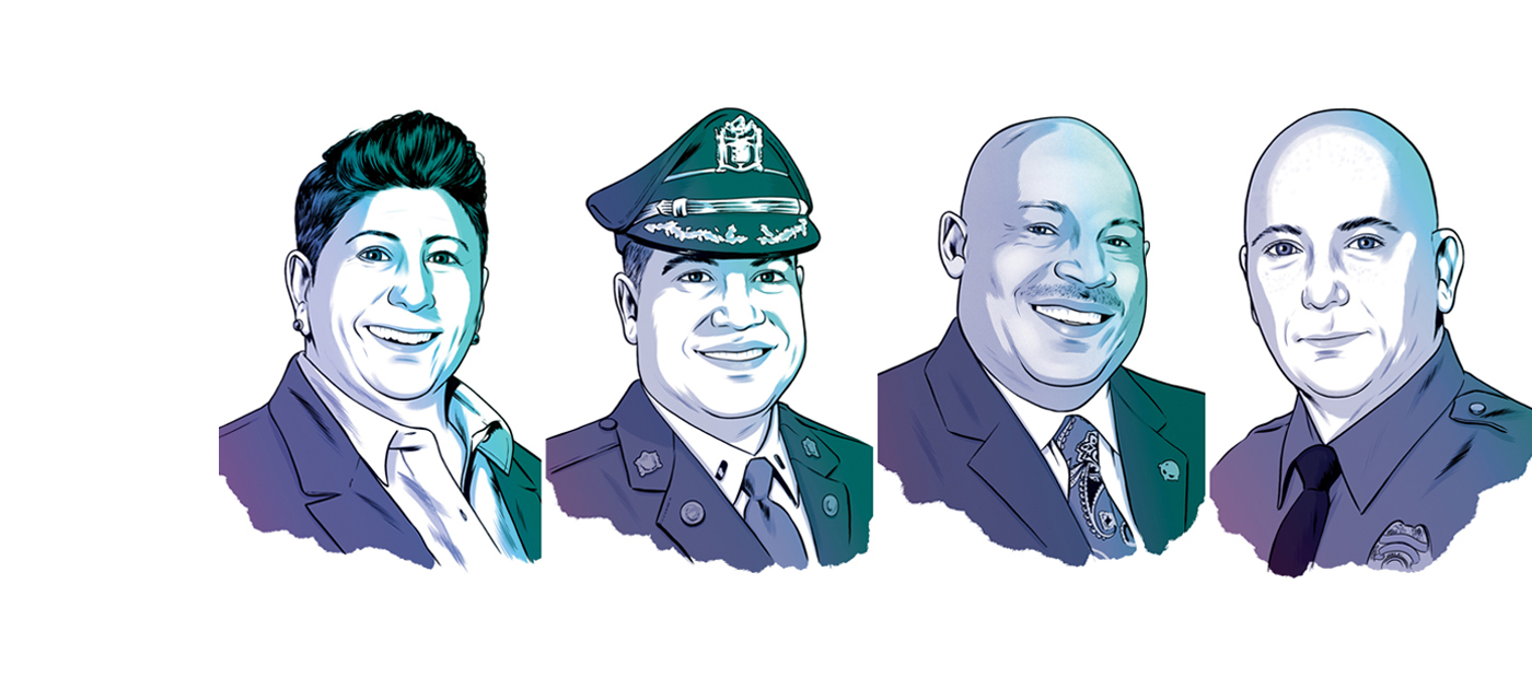 A collage of illustrated portraits featuring four police chiefs.