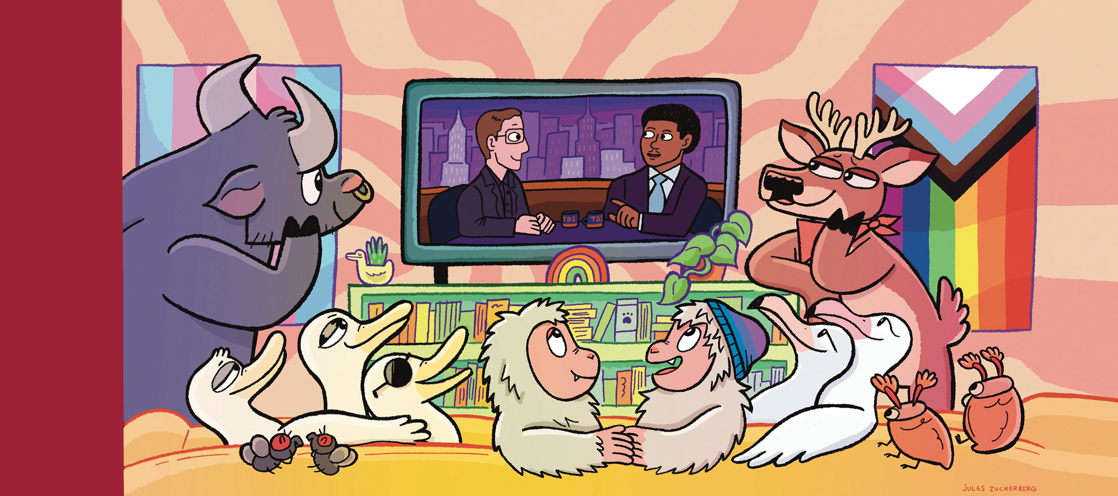 A cartoon-style illustration shows queer animals gather around the TV to watch two men speak on The Daily Show.