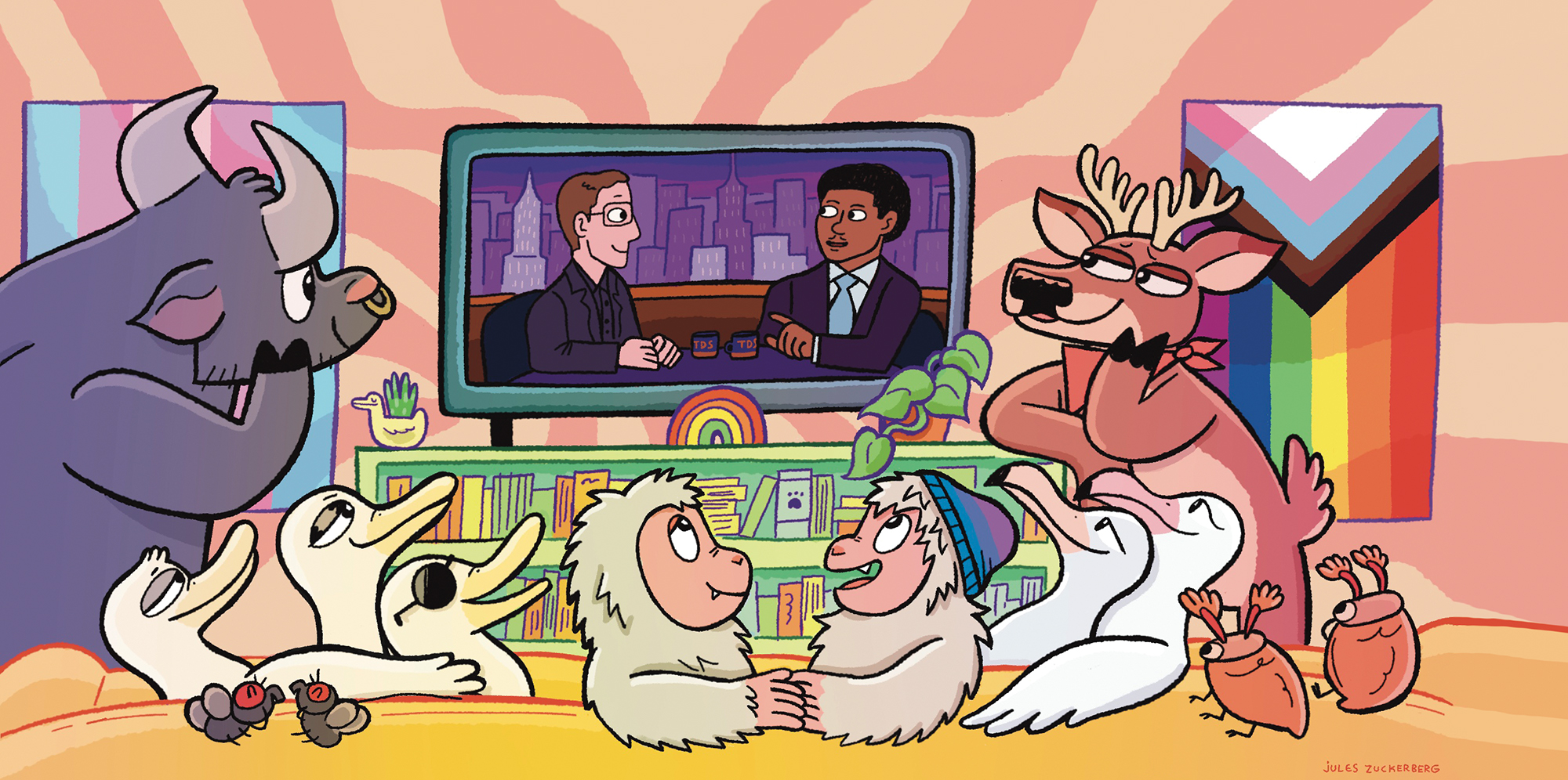 A cartoon-style illustration shows queer animals gather around the TV to watch two men speak on The Daily Show.