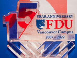 An ice sculpture in red and blue to celebrate the Vancouver Campus's 15th anniversary.