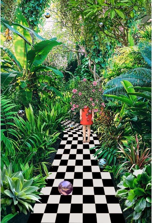 Artwork of a partly human figure on a checkboard path through a jungle setting