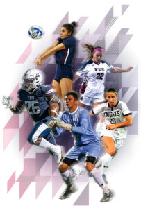 Collage art that silhouettes five photos of student athletes.