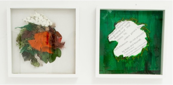 Two framed works, one a colorful collage, the other dropped out of a green background