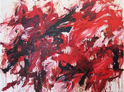 Artwork of dense reddish brushstrokes on white background