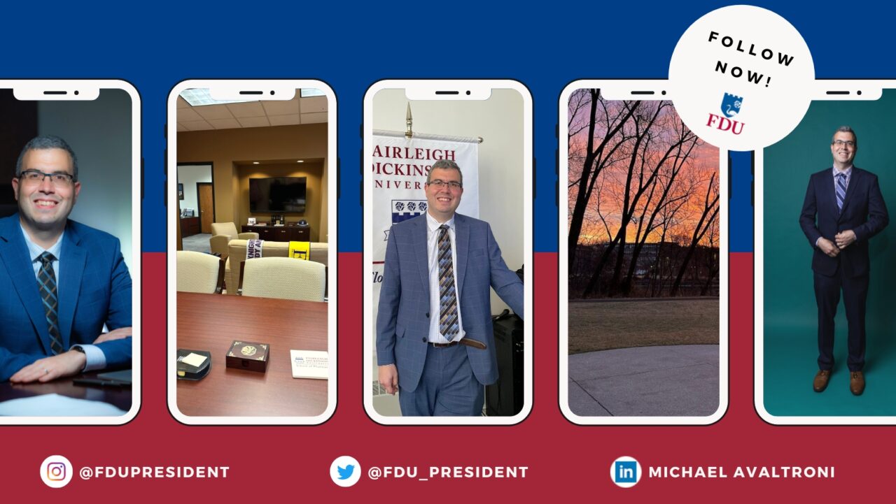 a graphic that reads "follow now!" with photos from Interim President Michael Avaltroni's social media channels