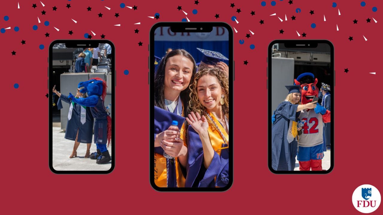 a graphic of three cellphones, with pictures on each. there is a picture of Knightro and a student taking a selfie, two students smiling at the camera, and Ian the Devil and a student taking a selfie. there is confetti in the background.