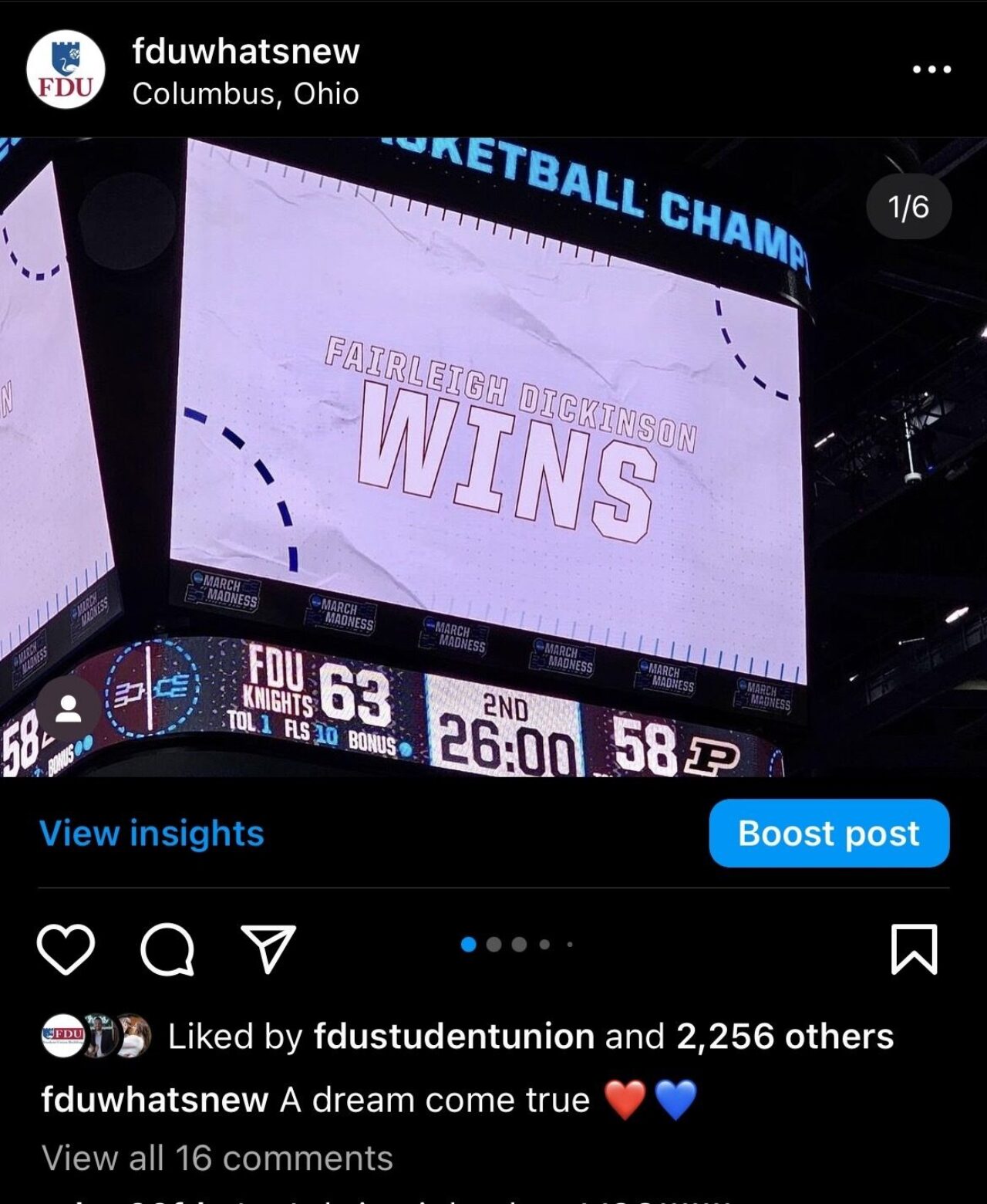 screenshot of an example FDU social media post