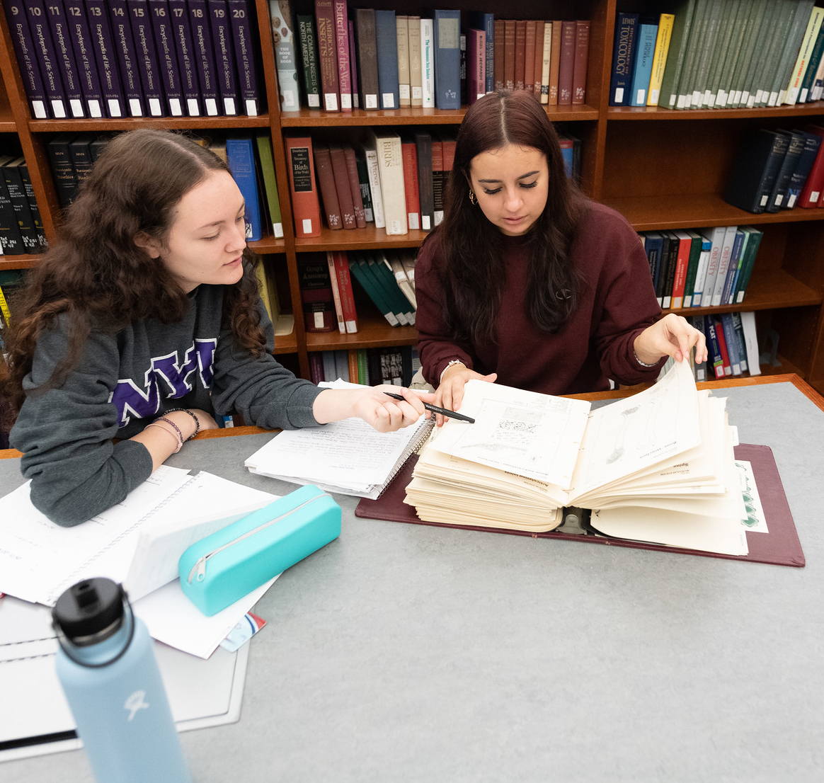 Two female students study in a campus library. They have big books open on the table in front of them.