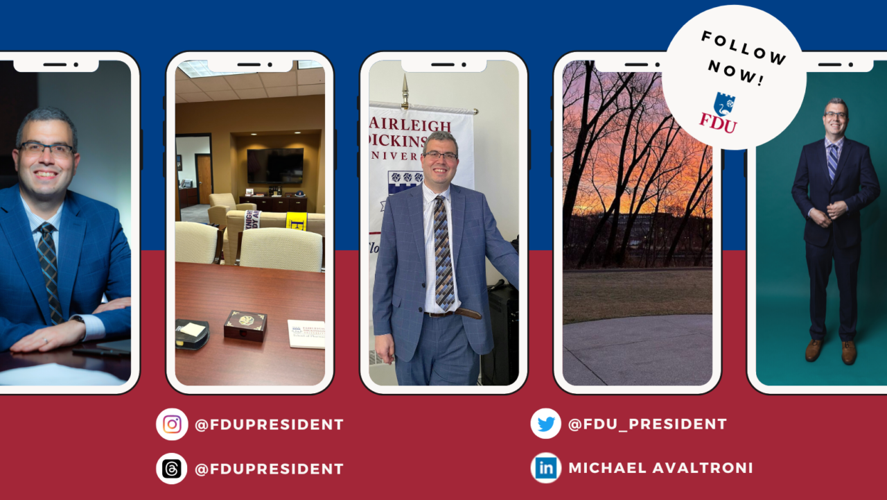 a graphic that reads "follow now!" with photos from Interim President Michael Avaltroni's social media channels