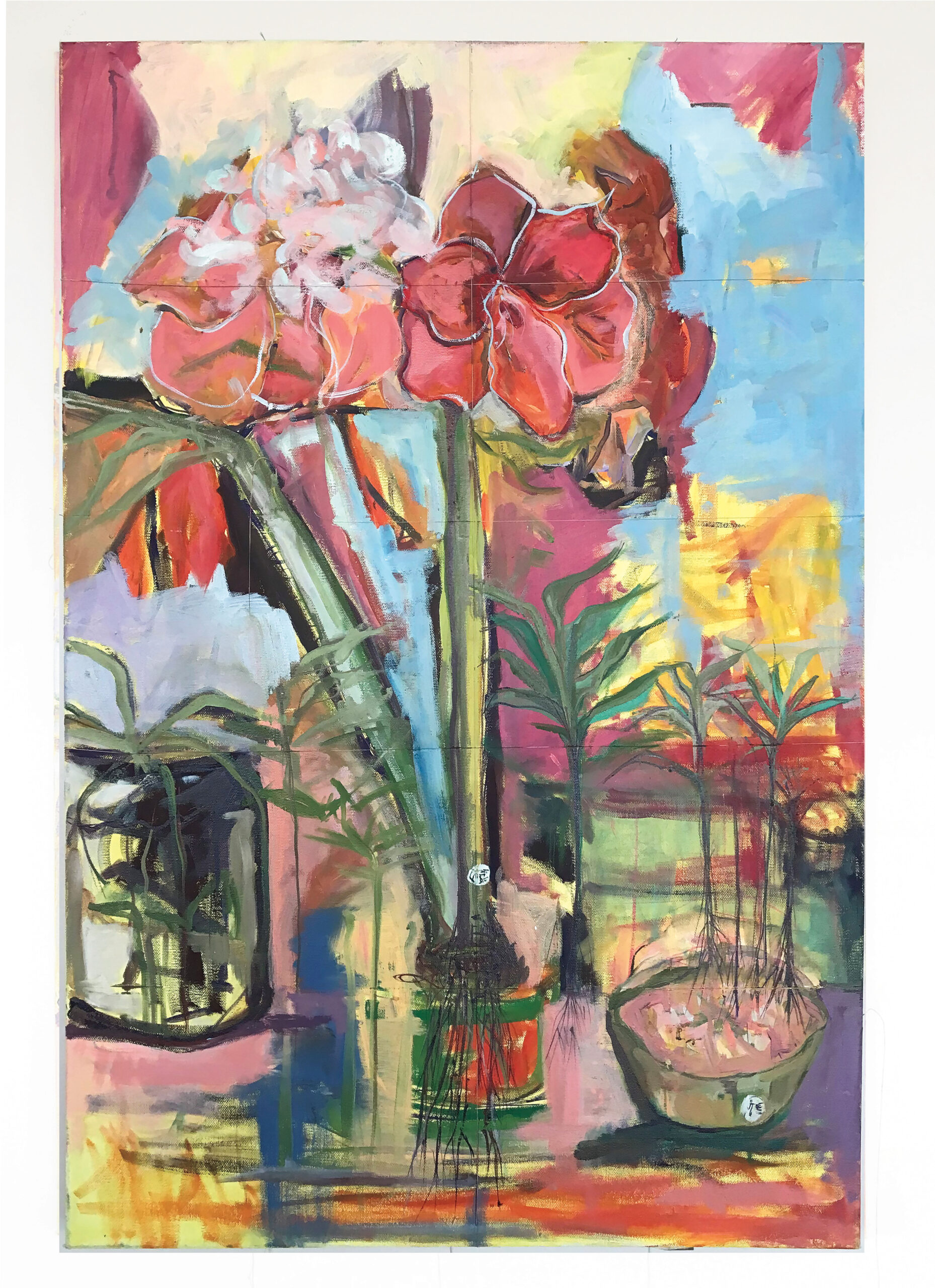A painting of brightly colored flowers in bloom.