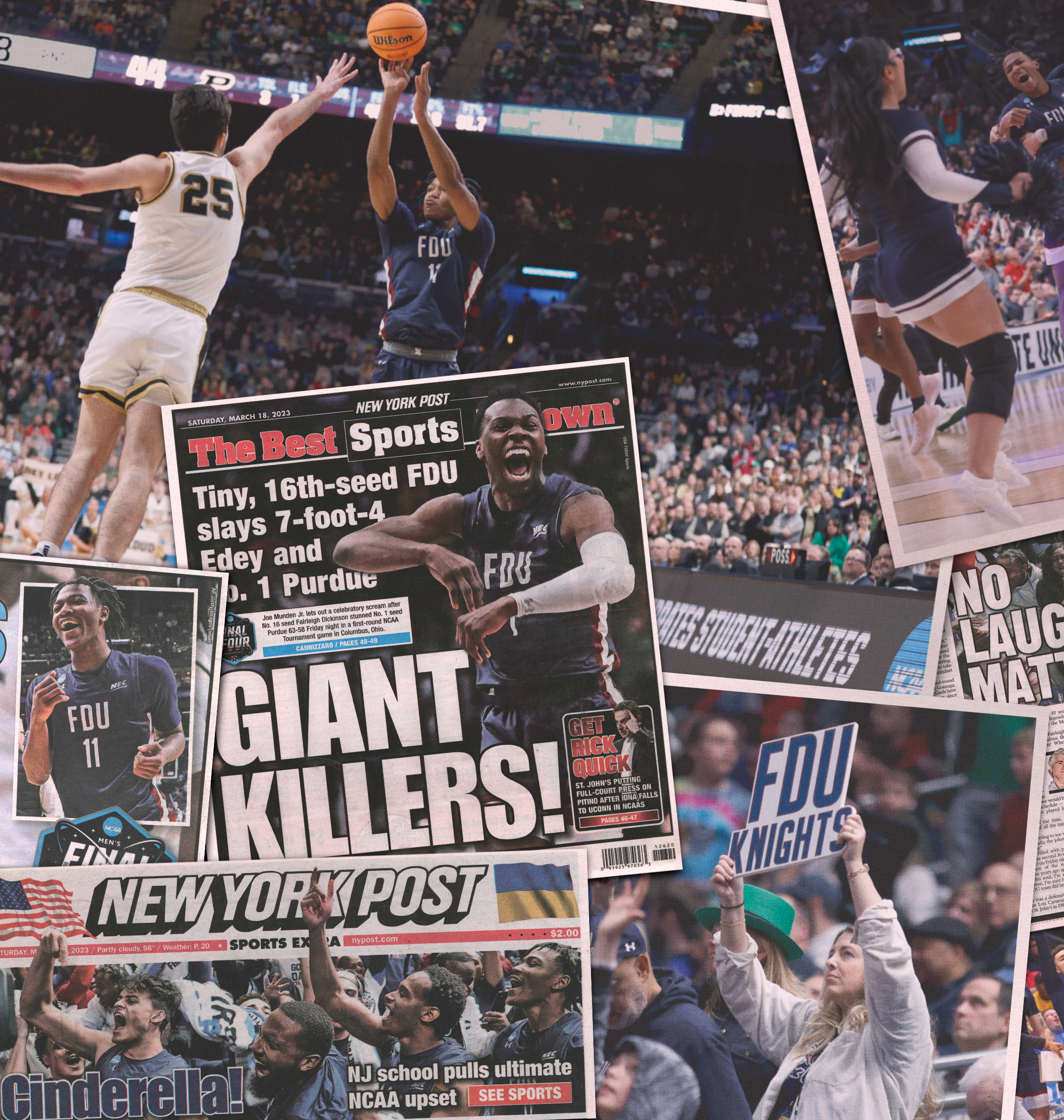 The Fall 2023 cover of FDU Magazine shows newspaper headlines and photos of the men's basketball team's NCAA win.