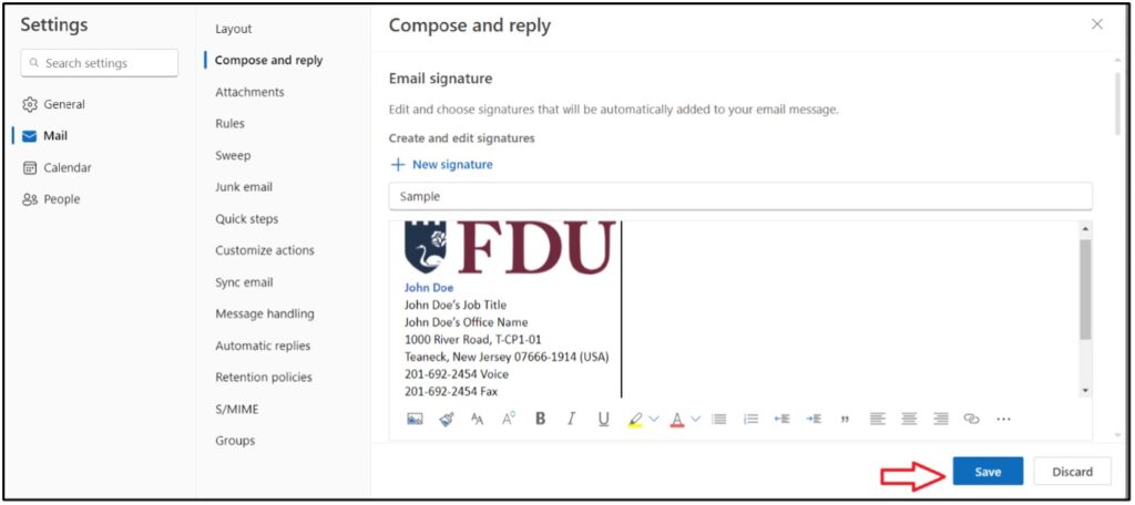 a screenshot showing a sample email signature in Outlook