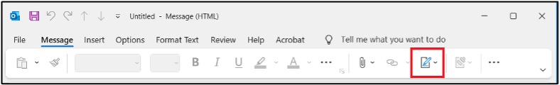 a screenshot highlighting the location of the Outlook signature button