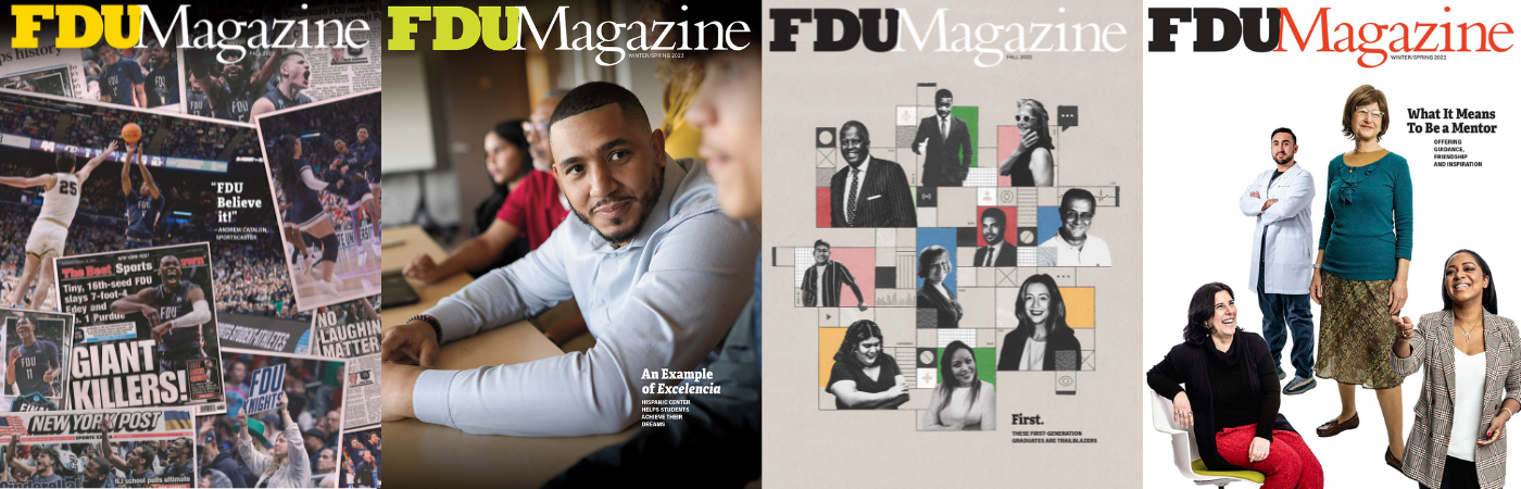 A collage of recent covers of FDU Magazine.
