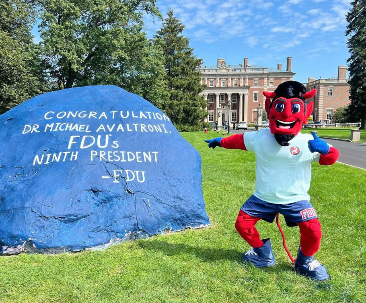 A mascot dances near a painted rock.