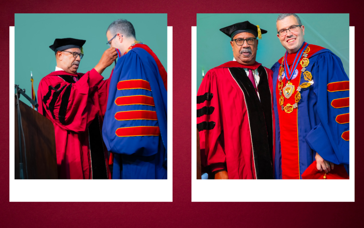 A duo of images. In the first, a man put a chain around another man's neck. In the second, they pose for a photo.