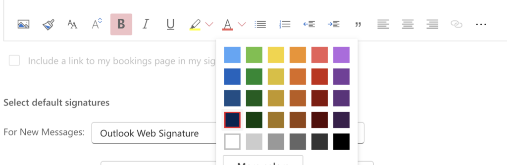 a screenshot of the color window inside a dialog box for creating a new email when creating a new signature in Outlook.