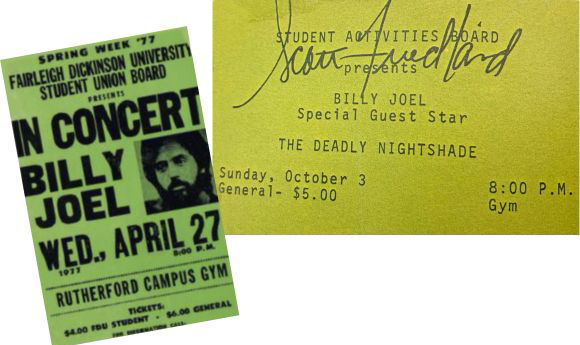 A vintage flier and concert ticket advertise a Bill Joel show.