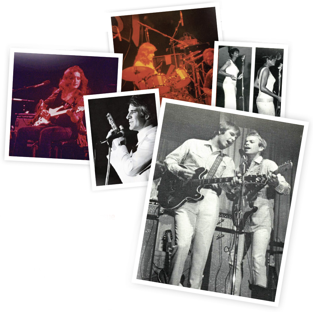 Five archival photos of past concerts, featuring Bonnie Raitt, Orleans, Dionne Warwick, The Beach Boys and Steve Martin.