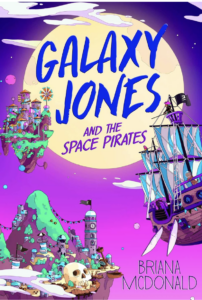 A purple book cover featuring the moon, pirate ships and skulls. 