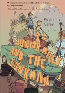 A book cover illustration featuring a junkyard with a refrigerator, car and other garbage while a young child and robot look out over the garbage while standing on the car.