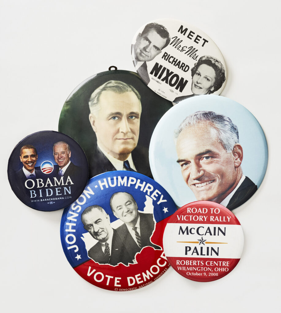 A collection of campaign buttons.