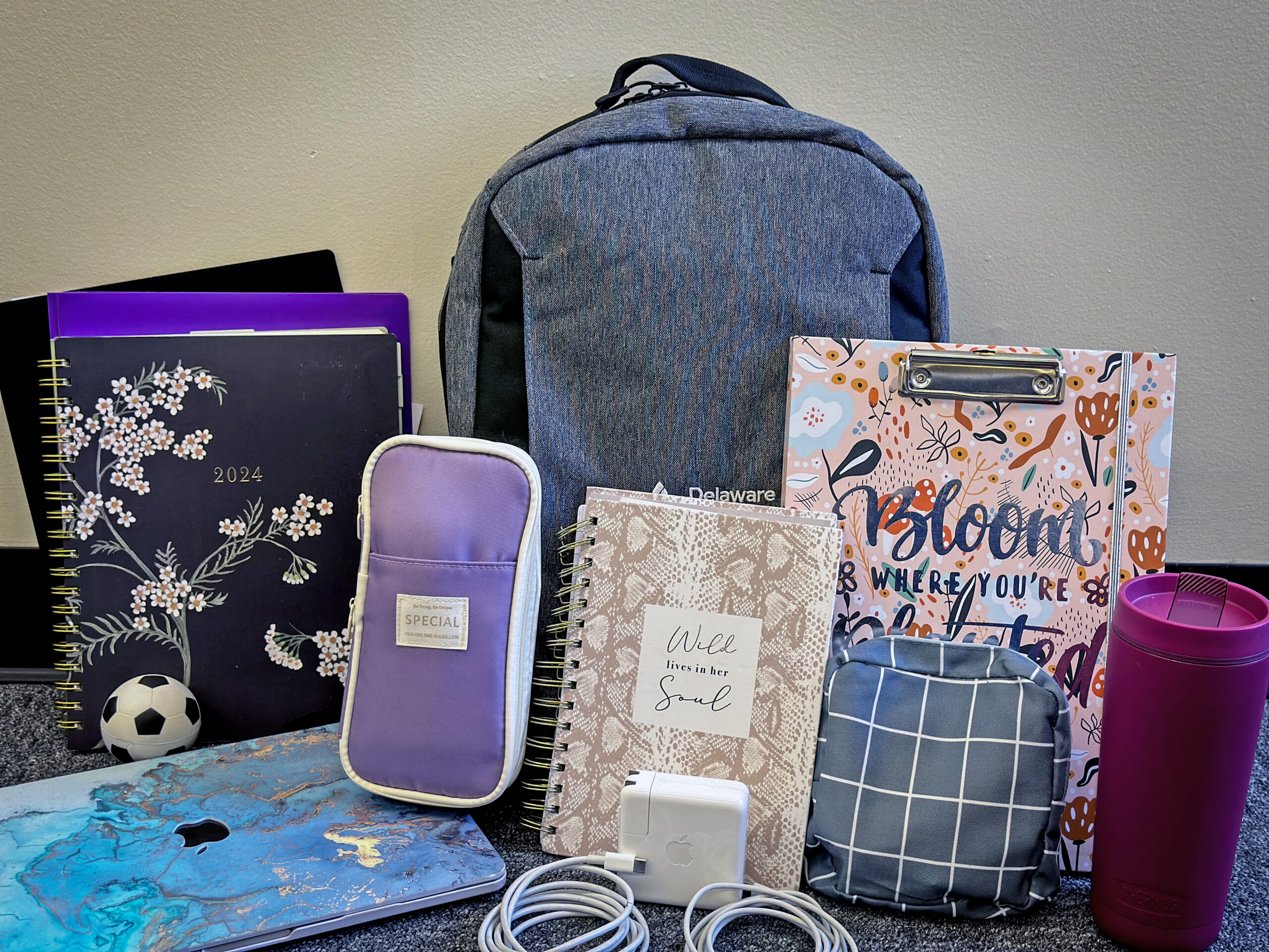 A laptop, a purple pouch, a planner, chargers, a gray backpack and more school supplies grouped together.