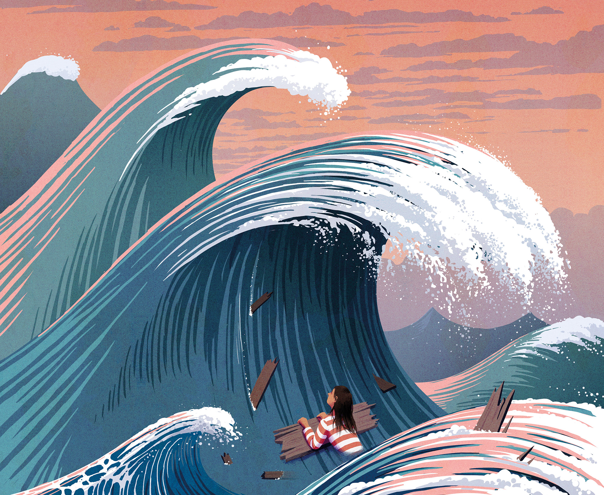 An illustration shows huge ocean waves threatening to overtake a woman clinging to a scrap of driftwood.