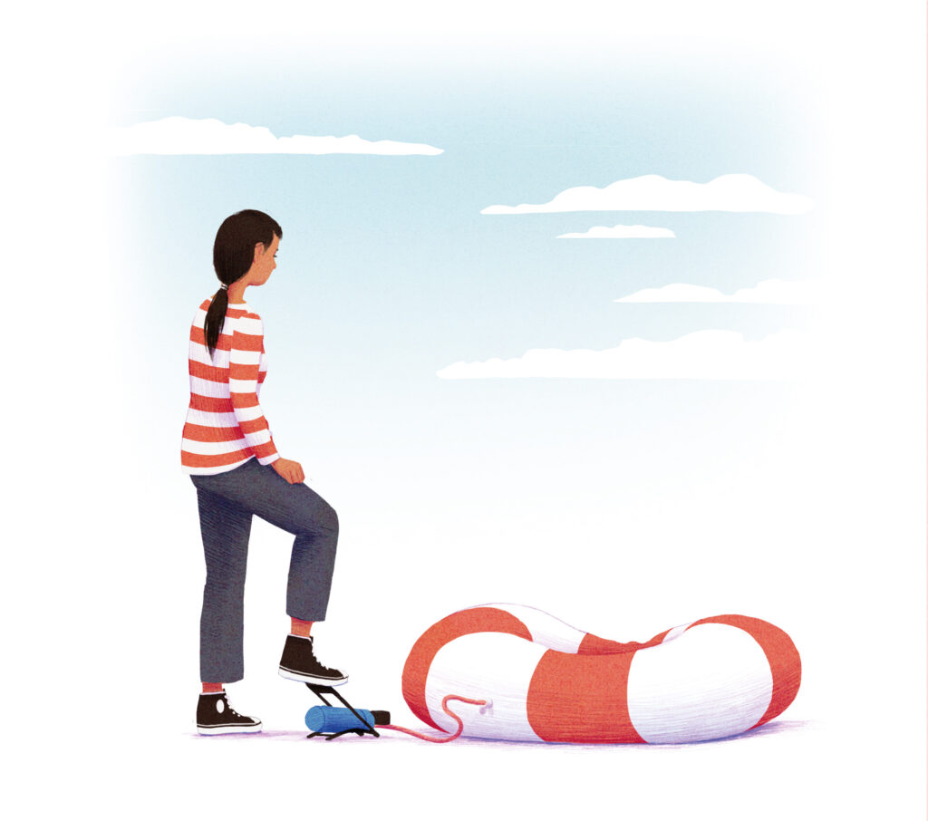 An illustration shows a young woman inflating a life preserver tube.