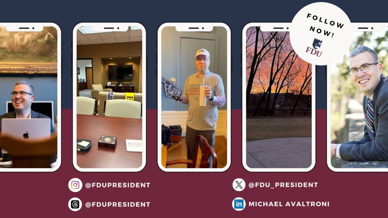 a graphic that reads "follow now!" with photos from President Michael Avaltroni's social media channels