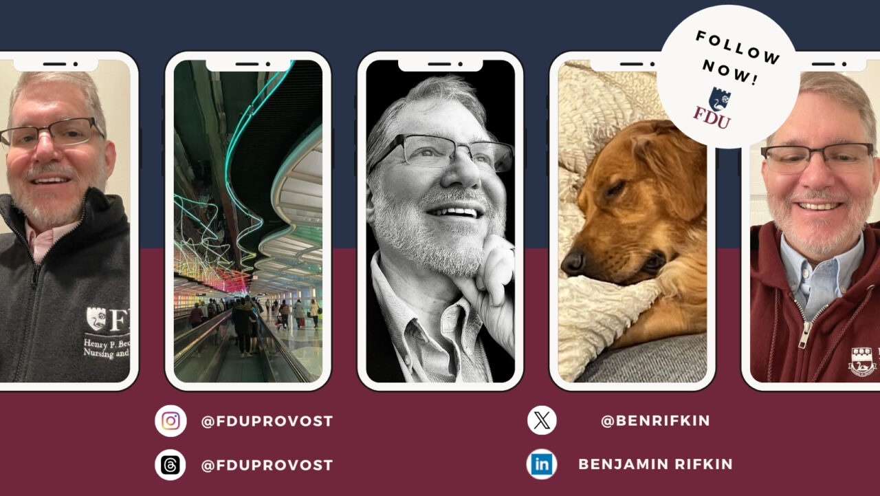 a graphic that reads "follow now!" with photos from Provost Ben Rifkin's social media channels