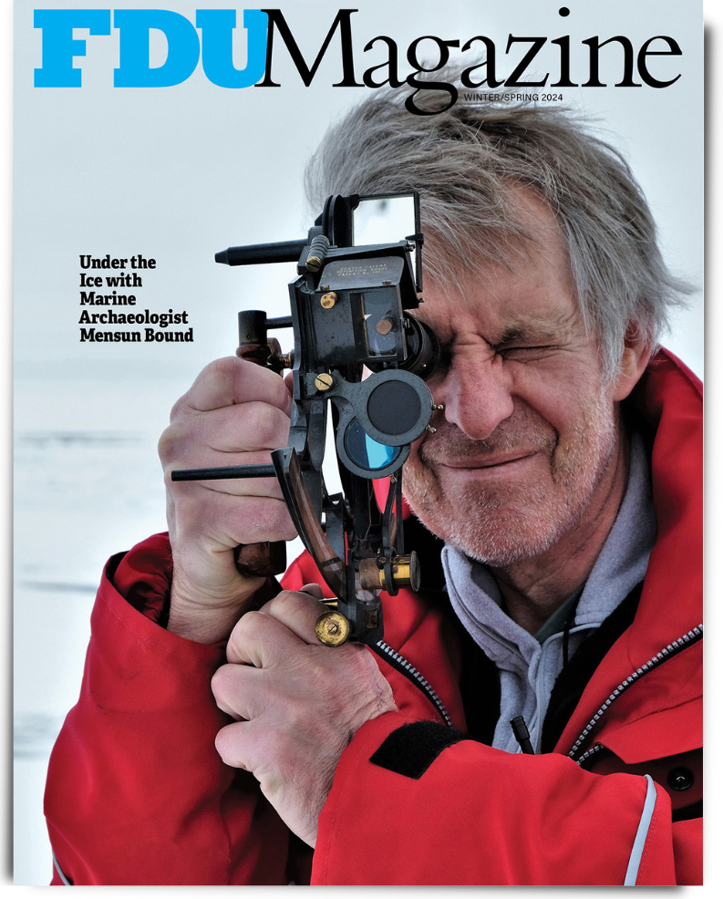 The Winter/Spring 2024 cover of FDU Magazine has a photograph of a man in a parka on a tundra, using a sextant.