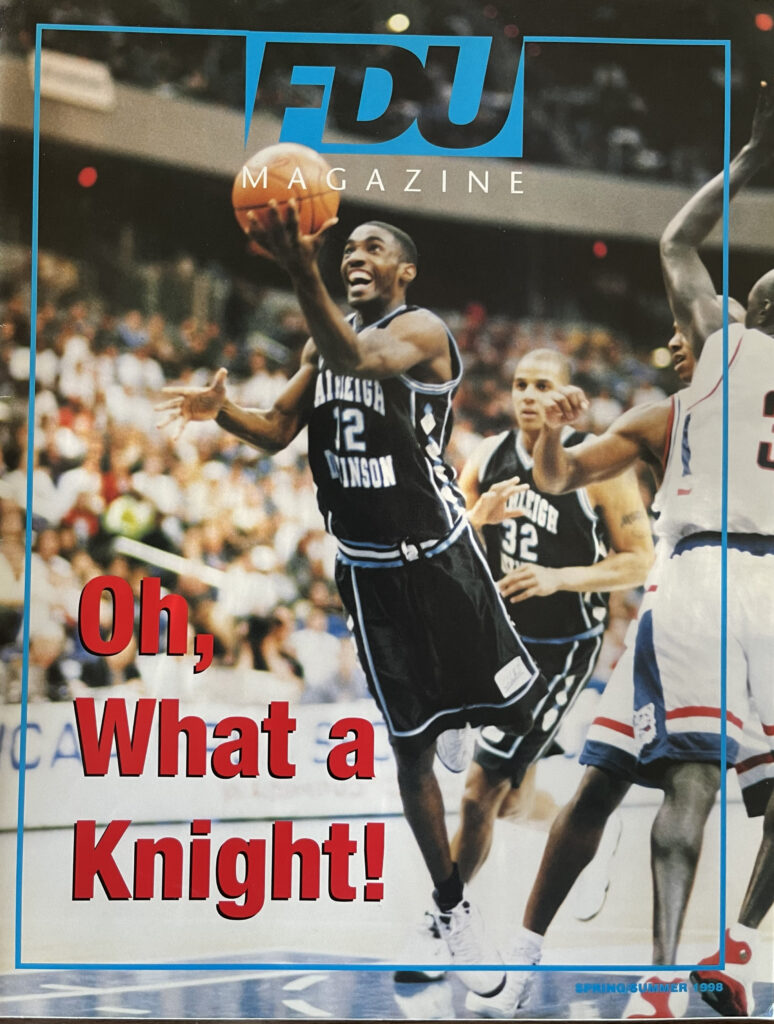 FDU Magazine cover featuring a group of basketball players. 
